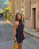 Dakota | Polka Dot Halter Mini Dress – Open Back Gathered Waist Summer Party