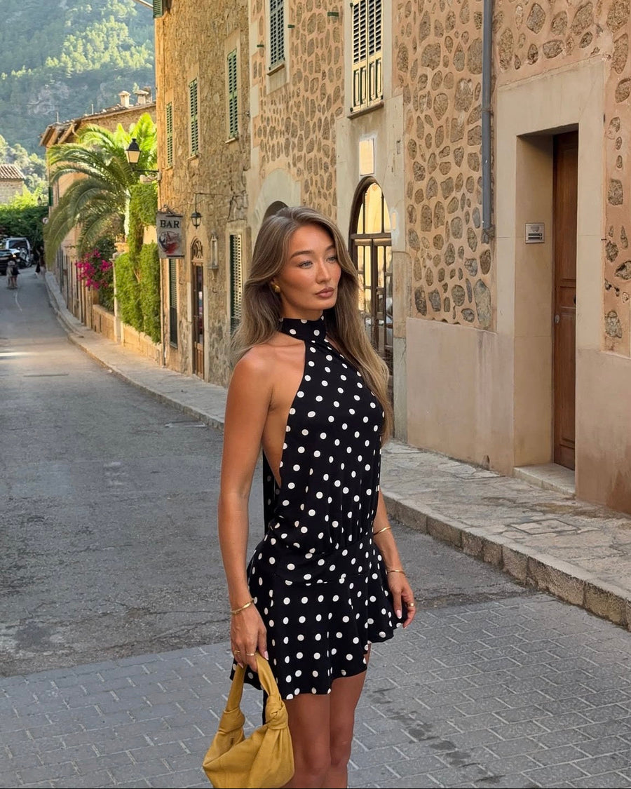 Dakota | Polka Dot Halter Mini Dress – Open Back Gathered Waist Summer Party