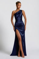 Daphne | Satin Maxi – One Shoulder Ruched Body-Con High Split Formal Wedding Guest Dress