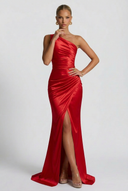 Daphne | Satin Maxi – One Shoulder Ruched Body-Con High Split Formal Wedding Guest Dress