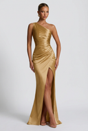 Daphne | Satin Maxi – One Shoulder Ruched Body-Con High Split Formal Wedding Guest Dress