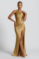 Daphne | Satin Maxi – One Shoulder Ruched Body-Con High Split Formal Wedding Guest Dress