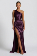 Daphne | Satin Maxi – One Shoulder Ruched Body-Con High Split Formal Wedding Guest Dress