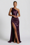 Daphne | Satin Maxi – One Shoulder Ruched Body-Con High Split Formal Wedding Guest Dress