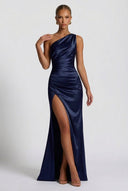 Daphne | Satin Maxi – One Shoulder Ruched Body-Con High Split Formal Wedding Guest Dress
