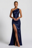 Daphne | Satin Maxi – One Shoulder Ruched Body-Con High Split Formal Wedding Guest Dress