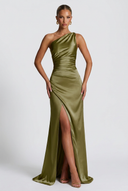 Daphne | Satin Maxi – One Shoulder Ruched Body-Con High Split Formal Wedding Guest Dress