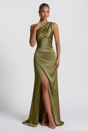 Daphne | Satin Maxi – One Shoulder Ruched Body-Con High Split Formal Wedding Guest Dress