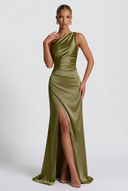 Daphne | Satin Maxi – One Shoulder Ruched Body-Con High Split Formal Wedding Guest Dress
