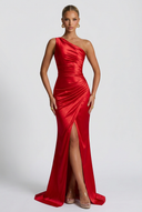 Daphne | Satin Maxi – One Shoulder Ruched Body-Con High Split Formal Wedding Guest Dress