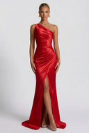 Daphne | Satin Maxi – One Shoulder Ruched Body-Con High Split Formal Wedding Guest Dress