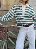 Darcie | Striped Polo Top – Collared Button Placket Long Sleeve