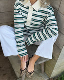 Darcie | Striped Polo Top – Collared Button Placket Long Sleeve