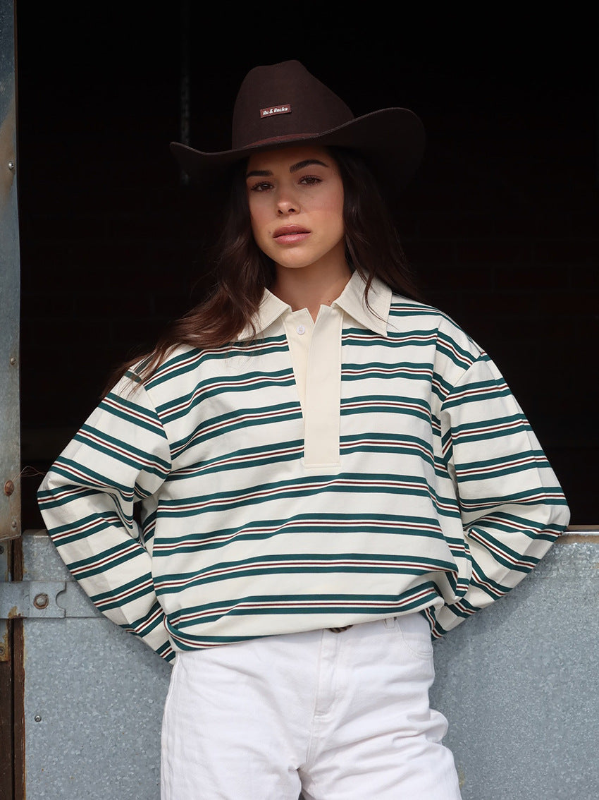 Darcie | Striped Polo Top – Collared Button Placket Long Sleeve