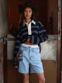 Darcie | Striped Polo Top – Collared Button Placket Long Sleeve