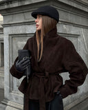 Deborah | Belted Suede Jacket – Button Front Long Sleeve Casual Wear