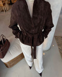 Deborah | Belted Suede Jacket – Button Front Long Sleeve Casual Wear
