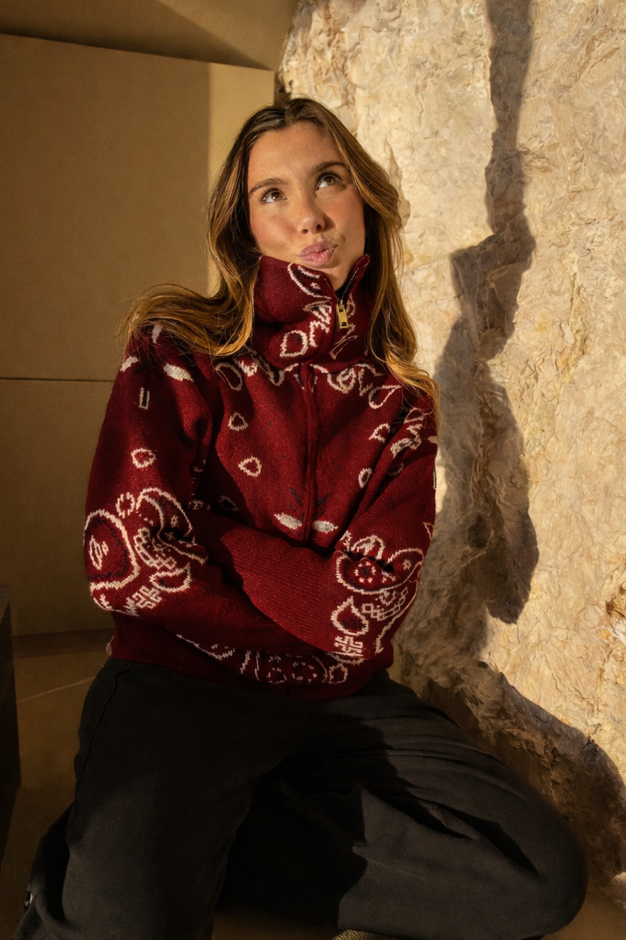 Delaney | Paisley Zip Up Cardigan – High Collar Long Sleeve Everyday Layering