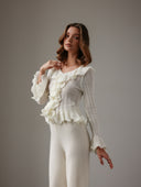 Della | Ruffle Knit Tops – Casual Scoop Neck Long Sleeve Button Front