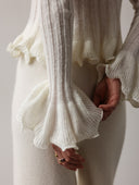 Della | Ruffle Knit Tops – Casual Scoop Neck Long Sleeve Button Front