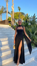 Delphine | Formal Solid Maxi Dress – Wedding Guest Scarf Neck Pleated Slit