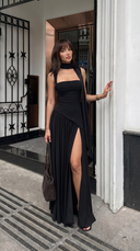 Delphine | Formal Solid Maxi Dress – Wedding Guest Scarf Neck Pleated Slit