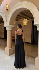Delphine | Formal Solid Maxi Dress – Wedding Guest Scarf Neck Pleated Slit