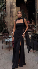 Delphine | Formal Solid Maxi Dress – Wedding Guest Scarf Neck Pleated Slit