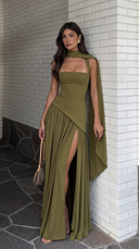 Delphine | Formal Solid Maxi Dress – Wedding Guest Scarf Neck Pleated Slit