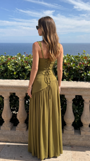Delphine | Formal Solid Maxi Dress – Wedding Guest Scarf Neck Pleated Slit