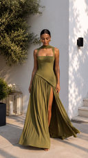 Delphine | Formal Solid Maxi Dress – Wedding Guest Scarf Neck Pleated Slit