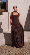 Delphine | Formal Solid Maxi Dress – Wedding Guest Scarf Neck Pleated Slit