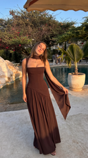 Delphine | Formal Solid Maxi Dress – Wedding Guest Scarf Neck Pleated Slit