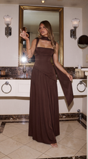 Delphine | Formal Solid Maxi Dress – Wedding Guest Scarf Neck Pleated Slit