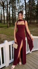 Delphine | Formal Solid Maxi Dress – Wedding Guest Scarf Neck Pleated Slit