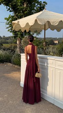 Delphine | Formal Solid Maxi Dress – Wedding Guest Scarf Neck Pleated Slit