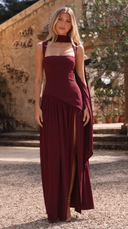 Delphine | Formal Solid Maxi Dress – Wedding Guest Scarf Neck Pleated Slit