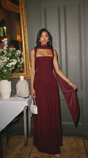 Delphine | Formal Solid Maxi Dress – Wedding Guest Scarf Neck Pleated Slit