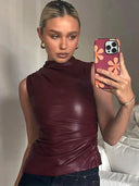 Donna | Faux Leather Top – High Neck Sleeveless Ruched Asymmetric Going Out Party Top