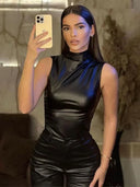 Donna | Faux Leather Top – High Neck Sleeveless Ruched Asymmetric Going Out Party Top