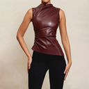 Donna | Faux Leather Top – High Neck Sleeveless Ruched Asymmetric Going Out Party Top