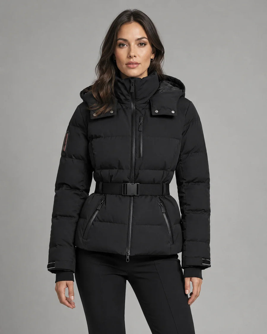 Eira | Belted Hooded Puffer Jacket – Winter High Collar Zip Front Pockets