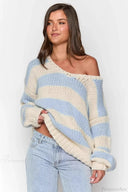 Elaina | Oversized Striped Sweater – Boat Neck Chunky Knit Long Sleeve