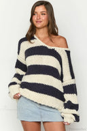Elaina | Oversized Striped Sweater – Boat Neck Chunky Knit Long Sleeve