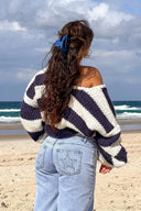 Elaina | Oversized Striped Sweater – Boat Neck Chunky Knit Long Sleeve