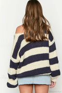 Elaina | Oversized Striped Sweater – Boat Neck Chunky Knit Long Sleeve
