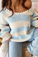 Elaina | Oversized Striped Sweater – Boat Neck Chunky Knit Long Sleeve