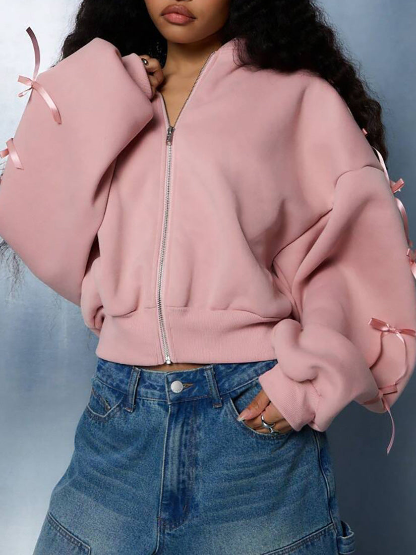 Eleanora | Bow Detail Zip Sweater – High Neck Long Sleeve Drop Shoulder