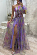 Elena | One Shoulder Floral Maxi Dress – Long Sleeve Split Evening Occasion