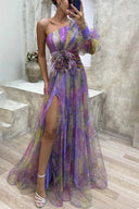 Elena | One Shoulder Floral Maxi Dress – Long Sleeve Split Evening Occasion